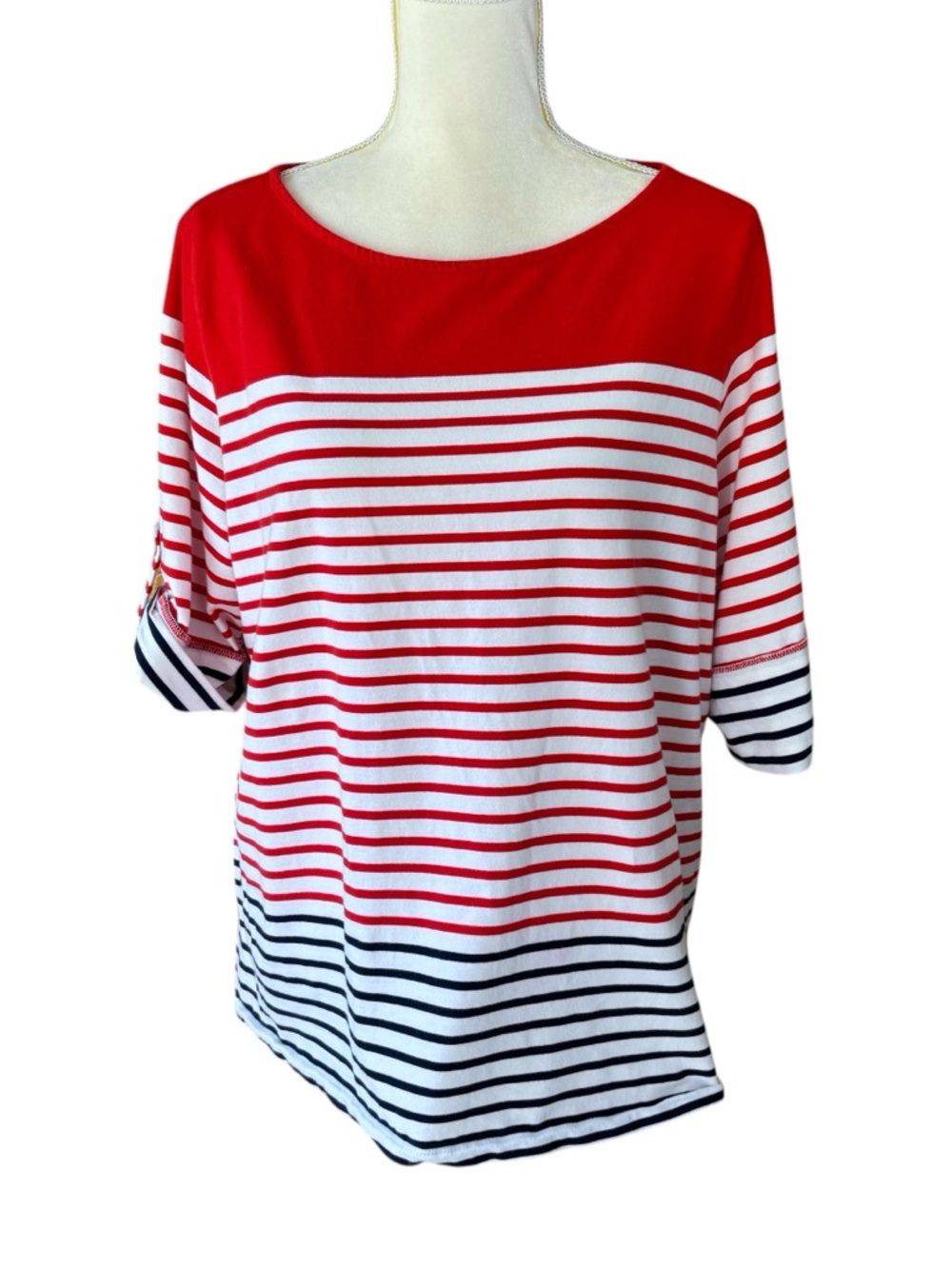 Ruby Rd. striped top, size 1X, adjustable sleeve, nautical, summer, beach